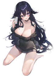 Rule 34 | 1girl, bare shoulders, barefoot, black choker, black hair, black sweater, breasts, cellphone, choker, covered navel, dress, hair between eyes, harenchi, heart, highres, holding, holding phone, large breasts, long hair, looking at viewer, naked sweater, off-shoulder sweater, off shoulder, open mouth, original, phone, purple eyes, see-through silhouette, simple background, sitting, smartphone, smile, solo, sweater, sweater dress, very long hair, wariza, white background