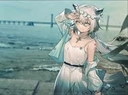 Rule 34 | 1girl, absurdres, alternate costume, animal ears, arknights, arm up, bare shoulders, cloud, cloudy sky, commentary request, cowboy shot, cross, cross necklace, dress, grey eyes, grey hair, head wreath, highres, jewelry, lappland (arknights), long hair, looking at viewer, necklace, off shoulder, outdoors, scar, scar across eye, shirt, sky, sleeveless, sleeveless dress, smile, solo, spaghetti strap, standing, stkme, very long hair, white shirt, wolf ears