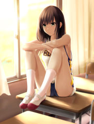 Rule 34 | 1girl, bare arms, bare shoulders, blue buruma, breasts, brown eyes, brown hair, buruma, chair, closed mouth, commentary request, curtains, desk, highres, indoors, looking away, medium breasts, nonaka ritsu, on desk, original, school chair, school desk, shirt, shoes, sitting, on desk, sleeveless, sleeveless shirt, socks, solo, sportswear, sunlight, sunset, uwabaki, white footwear, white shirt, white socks, window