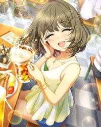 Rule 34 | 10s, 1girl, ^ ^, alcohol, blue skirt, booze cruise, bracelet, breasts, brown hair, cleavage, closed eyes, closed eyes, food, fork, happy, idolmaster, idolmaster cinderella girls, jewelry, lens flare, menu, mole, mole under eye, necklace, official art, short hair, skirt, smile, solo focus, sparkle, takagaki kaede