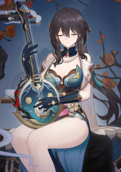Rule 34 | 1girl, absurdres, bare shoulders, beads, black gloves, blue dress, breasts, brown hair, cleavage, closed eyes, closed mouth, cresmsilet, detached collar, dress, elbow gloves, feet out of frame, flower, gloves, hair between eyes, highres, holding, holding instrument, honkai: star rail, honkai (series), instrument, jewelry, large breasts, long hair, music, necklace, playing instrument, ponytail, ruan, ruan mei (honkai: star rail), sitting, solo, thighs