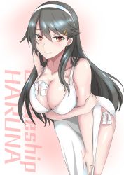 Rule 34 | 1girl, absurdres, alternate costume, bare shoulders, black hair, breast hold, breasts, character name, cleavage, collarbone, commentary, cowboy shot, dress, hair between eyes, hair ornament, hair over breasts, hair over one breast, hairclip, haruna (kancolle), headband, highres, jewelry, kantai collection, ken (shutenndouji1), large breasts, leaning forward, long hair, looking at viewer, open mouth, orange eyes, parted lips, pink background, ring, shiny skin, simple background, solo, teeth, thigh strap, wedding band, wedding ring, white dress, white headband