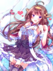 Rule 34 | 10s, 1girl, :d, ahoge, bad id, bad pixiv id, bare shoulders, blush, brown hair, detached sleeves, double bun, glint, hair bun, hairband, hand on own chest, jewelry, kantai collection, kongou (kancolle), long hair, looking at viewer, nontraditional miko, open mouth, pleated skirt, purple eyes, red ribbon, ribbon, ribbon-trimmed skirt, ribbon-trimmed sleeves, ribbon trim, ring, sakura romu, sarashi, skirt, smile, solo, sparkle, twitter username, water drop