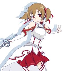 Rule 34 | 1girl, :d, armor, asagi501, asuna (sao), asuna (sao) (cosplay), bare shoulders, breastplate, brown hair, collarbone, commentary request, cosplay, cowboy shot, detached sleeves, dress, drop shadow, hair between eyes, hair ribbon, hands up, highres, holding, holding sword, holding weapon, knights of blood uniform (sao), lambent light, looking at viewer, open mouth, pleated skirt, red dress, red eyes, red ribbon, red skirt, red thighhighs, red trim, ribbon, sheath, short hair, short twintails, sidelocks, silica, simple background, skirt, skirt set, smile, solo, standing, sword, sword art online, thighhighs, turtleneck, turtleneck dress, twintails, twitter username, two-tone dress, two-tone thighhighs, unsheathed, weapon, white armor, white background, white dress, white sleeves, white thighhighs, zettai ryouiki