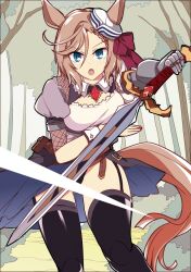 Rule 34 | 1girl, alternate costume, animal ears, armor, blue eyes, brown hair, commentary request, dixie cup hat, garter straps, hair between eyes, hat, highres, holding, holding sword, holding weapon, horse ears, horse girl, horse tail, knight, long sleeves, looking at viewer, military hat, open mouth, outdoors, short hair, solo, sword, tail, thighhighs, tree, umamusume, venus paques (umamusume), wahiko (black bastard), weapon