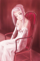 Rule 34 | 1girl, bare shoulders, breasts, chair, cleavage, dress, elbow gloves, female focus, gloves, oyamada musshu, red eyes, sitting, small breasts, smile, solo, strapless, strapless dress, wink