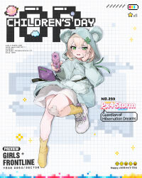 Rule 34 | 1girl, aged down, aiming, aiming at viewer, animal ear hood, animal ears, bandaid, bandaid on knee, bandaid on leg, battery indicator, bear ears, beretta px4 storm, blonde hair, blue hoodie, blush, character name, children&#039;s day, clover, company name, copyright name, drawstring, fake animal ears, fangs, four-leaf clover, full body, girls&#039; frontline, green eyes, grid background, gun, hair between eyes, hand on own face, handgun, highres, holding, holding gun, holding weapon, hood, hoodie, long sleeves, looking at viewer, medium hair, official alternate costume, official art, open mouth, planet, purple bag, px4 storm (girls&#039; frontline), px4 storm (guardian of hibernation dreams) (girls&#039; frontline), rainli, second-party source, shirt, shoes, single shoe, sneakers, socks, solo, star (symbol), tears, trigger discipline, weapon, white footwear, white shirt, yellow socks