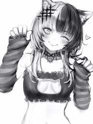 Rule 34 | 1girl, :&gt;, absurdres, alternate breast size, animal ear fluff, animal ears, blush, bra, breasts, cat cutout, cat ears, cat lingerie, choker, closed mouth, clothing cutout, cross, cross earrings, earrings, fingernails, frilled bra, frills, greyscale, hair ornament, hands up, head tilt, heart, highres, hololive, hololive english, jewelry, kemonomimi mode, lace, lace choker, long fingernails, looking at viewer, medium breasts, meme attire, monochrome, multicolored hair, nail polish, nanashi (nlo), one eye closed, paw pose, pendant choker, shiori novella, simple background, smile, solo, striped arm warmers, tongue, tongue out, two-tone hair, underwear, upper body, virtual youtuber