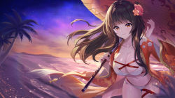 Rule 34 | 1girl, akashic chronicle, beach, bikini, breasts, brown eyes, brown hair, cleavage, closed mouth, cloud, cloudy sky, docozi, flower, hair flower, hair ornament, highres, holding, holding umbrella, jacket, large breasts, long hair, long sleeves, looking at viewer, mobile legends: bang bang, navel, night, night sky, oil-paper umbrella, orange jacket, outdoors, palm tree, pink flower, pink rose, rose, sand, sky, smile, solo, sunset, swimsuit, tree, umbrella, water, white bikini