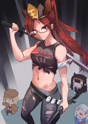 Rule 34 | 4girls, absurdres, black hair, blonde hair, breasts, chibi, crown, enma-chan, gawr gura, glasses, gun, highres, holding, holding gun, holding weapon, hololive, hololive english, katana, left 4 dead, left 4 dead 2, logo, looking to the side, medium breasts, midriff, multiple girls, navel, ninomae ina&#039;nis, open mouth, original, over shoulder, pointing, pompmaker1, red eyes, red hair, sharp teeth, sword, teeth, virtual youtuber, watson amelia, weapon, white hair