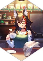 Rule 34 | 1girl, absurdres, animal ear fluff, animal ears, black hair, casual, choker, coffee cup, commentary request, cup, disposable cup, highres, hololive, indoors, long hair, long sleeves, looking at viewer, multicolored hair, namazu (dc 27546), newspaper, ookami mio, ookami mio (casual), open mouth, orange eyes, paw print, red-framed eyewear, red hair, semi-rimless eyewear, solo, streaked hair, tea, under-rim eyewear, virtual youtuber, wolf ears