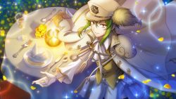 Rule 34 | 1boy, armor, ascot, cultlery (senjuushi), flower, fork, formal, game cg, glass, gloves, green hair, hair between eyes, hand in pocket, hat, highres, jacket, jacket on shoulders, knife, looking at viewer, male focus, napkin, official art, orange eyes, outdoors, plate, screencap, senjuushi: the thousand noble musketeers, senjuushi (series), shoulder armor, sidelocks, smile, solo, spoon, table, waistcoat, white gloves, wind, wind lift, yellow flower