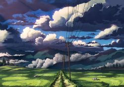 Rule 34 | choc0 (oda0208), cloud, commentary request, day, dirt road, field, grass, highres, mountain, mountainous horizon, nature, no humans, original, outdoors, power lines, road, rock, scenery, sky, sunlight, tree, utility pole