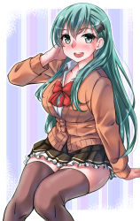 Rule 34 | 1girl, aqua eyes, aqua hair, ascot, blush, brown skirt, brown thighhighs, cardigan, collarbone, green hair, hair between eyes, hair ornament, hairclip, hand on own face, highres, kantai collection, kentap, long hair, long sleeves, looking at viewer, open mouth, over-kneehighs, pleated skirt, purple background, red ascot, school uniform, sitting, skirt, smile, solo, striped, striped background, suzuya (kancolle), suzuya kai ni (kancolle), thighhighs, white background