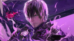 Rule 34 | 1boy, adventurer (ff14), armor, bad id, bad pixiv id, brown hair, closed mouth, commentary, english commentary, final fantasy, final fantasy xiv, fire, hair over one eye, hyur, liangjushuang, looking at viewer, male focus, one eye covered, purple eyes, signature, solo, upper body, warrior of light (ff1), warrior of light (ff14)