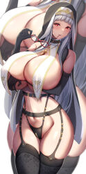 Rule 34 | 1girl, absurdres, black gloves, black thighhighs, blunt bangs, breast curtains, breasts, commission, covered navel, cross, cross necklace, elbow gloves, garter straps, glasses, gloves, headpiece, highres, holding, huge breasts, jewelry, long hair, looking at viewer, mole, mole under mouth, necklace, nun, original, red eyes, skeb commission, smile, solo, standing, thighhighs, thong, tiri man, white hair