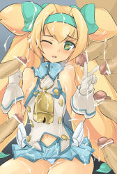 Rule 34 | 1girl, bad id, bad pixiv id, bell, blazblue, blonde hair, bow, bukkake, censored, cowbell, cum, cum on body, ejaculation, flat chest, gloves, green eyes, momio, multiple penises, nipples, panties, penis, platinum the trinity, quad tails, solo focus, striped clothes, striped panties, surrounded by penises, symbol-shaped pupils, underwear, v