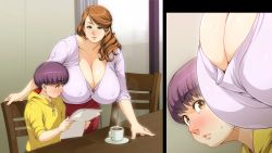 Rule 34 | 1boy, 1girl, age difference, aqua eyes, blush, breasts, brown hair, chair, character request, charm point, child, cleavage, cowboy shot, cup, curvy, earrings, hetero, highres, hood, hood down, hoodie, huge breasts, indoors, jewelry, lavender shirt, light smile, long hair, looking at breasts, mature female, motion lines, oba-san to boku no h na obenkyou, purple hair, red skirt, saucer, short hair, sitting, skirt, standing, sweatdrop, swept bangs, table, teacup, window, yellow hoodie