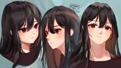 Rule 34 | 1girl, artist name, black hair, blush, brown shirt, closed mouth, commentary, cropped torso, dated, english commentary, hair between eyes, kobutanori, light smile, long hair, looking at viewer, multiple views, original, portrait, red eyes, shirt