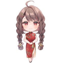 Rule 34 | 1girl, ahoge, anzu 1026, bracelet, braid, brown hair, chibi, china dress, chinese clothes, chinese knot, commentary request, dress, earrings, flower knot, full body, gold trim, guanjia jiang, hair ornament, hairclip, hairpin, highres, jewelry, long hair, low-tied long hair, official art, own hands together, red dress, red eyes, side slit, simple background, solo, swept bangs, tassel, twin braids, wactor production, white background