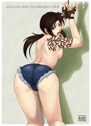 Rule 34 | 1girl, ass, azasuke, back, bdsm, bent over, black lagoon, bondage, bound, bound wrists, brown eyes, brown hair, denim, denim shorts, female focus, fingerless gloves, from behind, gloves, highres, long hair, looking back, no bra, open mouth, revy (black lagoon), rope, short shorts, shorts, solo, standing, tattoo, topless