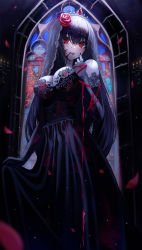 Rule 34 | 1girl, absurdres, black dress, black hair, blood, blood on face, blood stain, blood trail, crown, crying, crying with eyes open, dress, flower, gloves, hair flower, hair ornament, highres, original, poise, red eyes, rose, solo, tears, vampire, veil