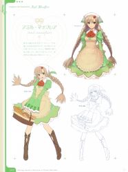 Rule 34 | 10s, 1girl, apron, basket, blonde hair, boots, braid, bread, brown eyes, concept art, dress, food, hair ornament, highres, knee boots, legs, long hair, long legs, looking at viewer, manaflare amil, multiple views, open mouth, shining (series), shining hearts, simple background, smile, staff, tony taka, twin braids, twintails
