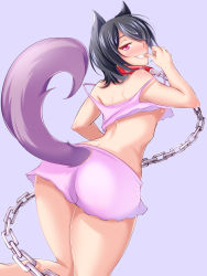 Rule 34 | 10s, 1girl, animal ears, ass, bad id, bad pixiv id, bare shoulders, biting, black hair, blue eyes, chain, dog ears, dog tail, finger biting, grey background, grin, gugure! kokkuri-san, inugami (gugukoku), kippuru, looking back, red eyes, simple background, smile, solo, tail, tank top, thick thighs, thighs, underwear, underwear only