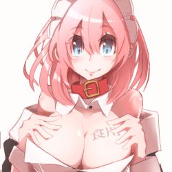Rule 34 | 1girl, bare shoulders, blue eyes, blush, body writing, borrowed character, breast suppress, breasts, cleavage, collar, detached collar, hair between eyes, hands on breasts, large breasts, looking at viewer, maid, maid headdress, open clothes, original, pink hair, sakusakusakurai, short hair, smile, solo, takagi (tansuke), upper body