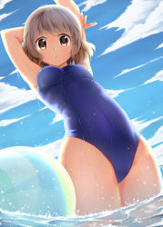 Rule 34 | 1girl, absurdres, bad id, bad pixiv id, ball, beachball, blush, breasts, brown eyes, brown hair, competition swimsuit, cowboy shot, highres, ikoma minami, kami nomi zo shiru sekai, looking down, one-piece swimsuit, outstretched arm, short hair, small breasts, solo, stretching, summer, swimsuit, terebi (shimizu1996), wading, wet, wet clothes