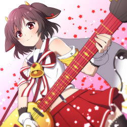 Rule 34 | 10s, 1girl, animal ears, bell, brown hair, cow ears, electric guitar, fingerless gloves, gloves, gradient background, guitar, hinnu@ao, holmy (show by rock!!), horns, instrument, looking at viewer, midriff, red eyes, red skirt, ribbon, short hair, show by rock!!, skirt, smile, solo, star (symbol), starry background, suspenders, white gloves