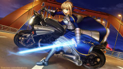 Rule 34 | 1girl, ahoge, armor, armored dress, artoria pendragon (all), artoria pendragon (fate), blonde hair, blue dress, braid, breastplate, bridge, building, dress, excalibur (fate/stay night), fate/stay night, fate/zero, fate (series), faulds, french braid, gauntlets, glowing, glowing sword, glowing weapon, greaves, green eyes, hair ribbon, highres, highway, holding, lamp, lamppost, looking at viewer, motor vehicle, motorcycle, night, puffy sleeves, ribbon, saber (fate), serious, shirakawa mayo, solo, sword, vehicle, weapon, yamaha, yamaha v-max