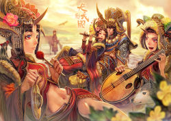 Rule 34 | 1boy, 4girls, b.c.n.y., bird, black hair, blue eyes, blunt bangs, dress, eagle, flower, flute, gem, hair ornament, horns, instrument, jewelry, long dress, long hair, midriff, mountain, multiple girls, navel, necklace, open mouth, pearl (gemstone), red eyes, signature, single horn, sitting, sitting on person, smile, traditional clothes, watermark, wolf