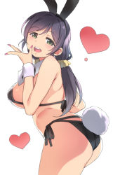 Rule 34 | 1girl, :d, animal ears, ass, bikini, black bikini, breasts, duke (inu daimyou), fake animal ears, fake tail, hair ornament, hair scrunchie, heart, large breasts, long hair, looking at viewer, love live!, love live! school idol project, low twintails, nail polish, open mouth, purple hair, rabbit ears, rabbit tail, red nails, scrunchie, simple background, smile, solo, swimsuit, tail, tojo nozomi, twintails, white background, yellow scrunchie