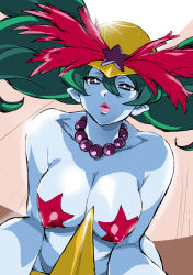 Rule 34 | 1girl, bishoujo senshi sailor moon, bishoujo senshi sailor moon s, blue eyes, blue skin, bracelet, breasts, bright pupils, colored skin, cowboy shot, demon girl, facing viewer, green hair, highres, indoors, jewelry, large breasts, lips, long hair, looking at viewer, low twintails, mamesi (suhk8583), nipples, pasties, pointy ears, revealing clothes, seductive gaze, shiny skin, solo, star-shaped pupils, star (symbol), star pasties, symbol-shaped pupils, thighs, twintails, uchoten (sailor moon), wide hips