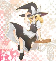 Rule 34 | 1girl, 96maguro, bad id, bad pixiv id, blonde hair, bow, broom, dress, female focus, flower, full body, grin, hair bow, halftone, halftone background, hat, hat bow, kirisame marisa, plant, short hair, smile, solo, touhou, white background, witch, witch hat, yellow eyes, yoshi tama