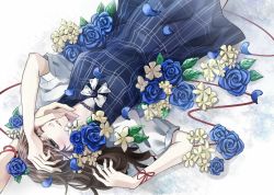 Rule 34 | 1girl, bad id, bad pixiv id, blue dress, blue flower, blue flowers, brown hair, cardia beckford, code:realize, dress, flower, hand on another&#039;s face, highres, long hair, lying, nashisakura (rio), on back, one eye closed, petals, red ribbon, ribbon, short sleeves, solo focus