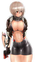 Rule 34 | 1girl, albino, arm at side, arm behind back, bad id, bad pixiv id, black bra, black shorts, blush, bra, breasts, cable, cleavage, cowboy shot, cropped jacket, female focus, gloves, gun, hair between eyes, handgun, highres, holding, holding gun, holding weapon, jacket, kirii, large breasts, looking away, looking to the side, mecha musume, mechanical parts, midriff, navel, original, plaid, red eyes, scarf, short hair, shorts, silver hair, simple background, solo, thigh gap, underwear, weapon, white background, zipper