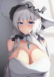 Rule 34 | 1girl, azur lane, blunt bangs, blush, breasts, chest jewel, cleavage, closed mouth, commentary, dress, elbow gloves, flower, gem, gloves, hair flower, hair ornament, hat, highres, houraku, illustrious (azur lane), lace-trimmed headwear, lace trim, large breasts, long hair, looking at viewer, low tied hair, silver hair, smile, strapless, strapless dress, sun hat, tri tails, white dress, white gloves, white hat