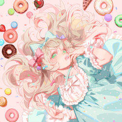 1girl blonde_hair blue_dress bow candy doughnut dress eating food fruit gothic_lolita green_eyes hair_bow highres holding holding_candy holding_food lolita_fashion looking_at_viewer multiple_hair_bows open_mouth original p0ckylo short_sleeves solo strawberry sweet_lolita