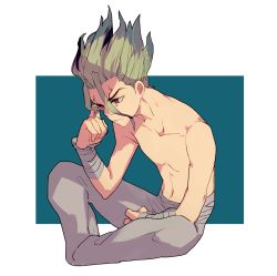 Rule 34 | 1boy, absurdres, blue background, dr. stone, grey pants, highres, ishigami senkuu, kuroha dayo, male focus, navel, pants, red eyes, simple background, sitting, solo, spiked hair, thinking, topless male, two-tone background, white background