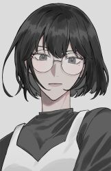 Rule 34 | 1girl, apron, black hair, black sweater, closed mouth, expressionless, fangs, glasses, grey background, han sooyoung, looking at viewer, mole, mole under eye, omniscient reader&#039;s viewpoint, short hair, simple background, solo, sweater, waist apron, white apron, yjh lawyer