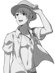 Rule 34 | 1boy, :d, adjusting clothes, adjusting headwear, arm up, asada hachi, bare pectorals, buttons, character request, collared shirt, commentary request, dress shirt, grey background, greyscale, hat, idolmaster, idolmaster side-m, looking to the side, male focus, male swimwear, monochrome, navel, open clothes, open mouth, open shirt, pectorals, shirt, short hair, short sleeves, smile, solo, swim trunks, teeth, toned, toned male, upper body, upper teeth only