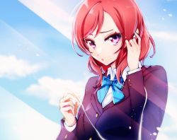 Rule 34 | 1girl, artist name, artist request, blue bow, blue bowtie, blue jacket, blue sky, blush, bow, bowtie, breasts, chiyoman, cloud, female focus, hair between eyes, headphones, jacket, long sleeves, looking at viewer, love live!, love live! school idol project, nishikino maki, otonokizaka school uniform, outdoors, purple eyes, red hair, school uniform, shirt, short hair, sky, small breasts, smile, solo, striped bow, striped bowtie, striped clothes, swept bangs, white shirt