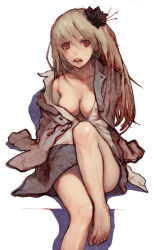 Rule 34 | 1girl, bare legs, bare shoulders, barefoot, blonde hair, breasts, cleavage, feet, flower, hair flower, hair ornament, highres, large breasts, lips, long hair, madokan suzuki, no bra, off shoulder, open clothes, open mouth, open shirt, original, red eyes, shirt, simple background, sitting, skirt, solo