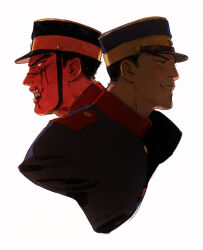 Rule 34 | 1boy, absurdres, alternate hairstyle, black hair, blood, blood from mouth, blood on face, brown eyes, chengongzi123, clenched teeth, collared jacket, glowing, glowing eyes, golden kamuy, grin, hat, highres, jacket, looking to the side, male focus, military hat, military uniform, portrait, scar, scar on face, short hair, simple background, smile, split theme, sugimoto saichi, teeth, uniform, very short hair, white background