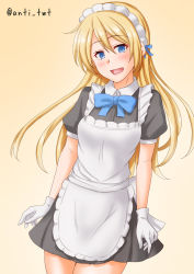 Rule 34 | 1girl, alternate costume, anti (untea9), apron, black dress, blonde hair, blue bow, blue bowtie, blue eyes, bow, bowtie, commentary request, cowboy shot, dress, enmaided, frilled apron, frills, gloves, gradient background, highres, jervis (kancolle), kantai collection, maid, maid headdress, solo, white apron, white gloves, yellow background