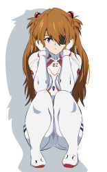 Rule 34 | 1girl, absurdres, artist request, ass, blue eyes, breasts, brown hair, curvy, evangelion: 3.0+1.0 thrice upon a time, eyepatch, full body, hair between eyes, hair ornament, hand on own face, highres, long hair, looking at viewer, neon genesis evangelion, plugsuit, rebuild of evangelion, simple background, solo, souryuu asuka langley, squatting, twintails, white background
