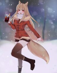 Rule 34 | 1girl, absurdres, animal ears, artistic error, black footwear, black skirt, black thighhighs, boots, brown hair, cup, erroten, eyes visible through hair, fang, highres, holding, holding cup, holo, jacket, long hair, long sleeves, miniskirt, open mouth, outdoors, pleated skirt, red eyes, red jacket, scarf, skirt, smile, snow, snowing, solo, spice and wolf, standing, standing on one leg, steam, tail, tea, thighhighs, white scarf, winter, wolf ears, wolf girl, wolf tail, zettai ryouiki