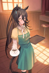 Rule 34 | 1girl, animal ears, apron, black hair, black skirt, black thighhighs, closed mouth, collared shirt, cup, curtains, feet out of frame, hair between eyes, highres, holding, holding saucer, holding tray, horse ears, horse girl, horse tail, indoors, katuko deluxe, long hair, looking at viewer, manhattan cafe (umamusume), multicolored hair, ponytail, saucer, shirt, skirt, smile, solo, steam, stool, streaked hair, sweater, tail, thighhighs, tray, umamusume, white shirt, window, yellow eyes, yellow sweater